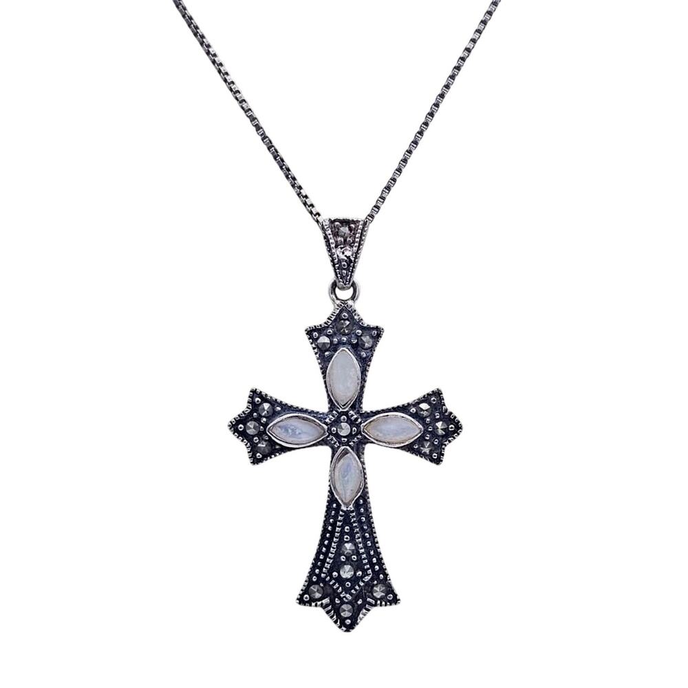 Vtg Sterling Silver Cross Pendant With Marcasite & White Opals With 925 Chain